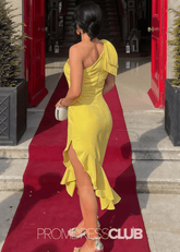 Sharon | Mermaid Bows Yellow Satin Midi Wedding Guest Dress - Price #price_variant_lowest# - Yellow - PromDressClub